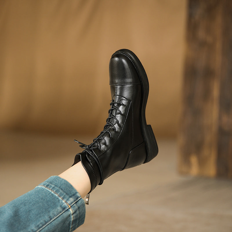 Women's Leather Ankle Boots Round Toe Lace-up Zipper Stretch Combat Flat Booties