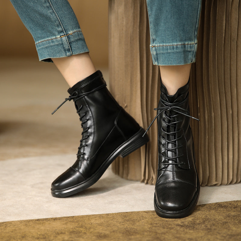 Women's Leather Ankle Boots Round Toe Lace-up Zipper Stretch Combat Flat Booties
