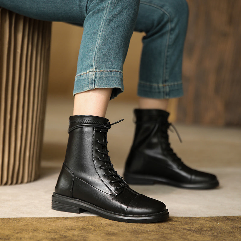 Women's Leather Ankle Boots Round Toe Lace-up Zipper Stretch Combat Flat Booties