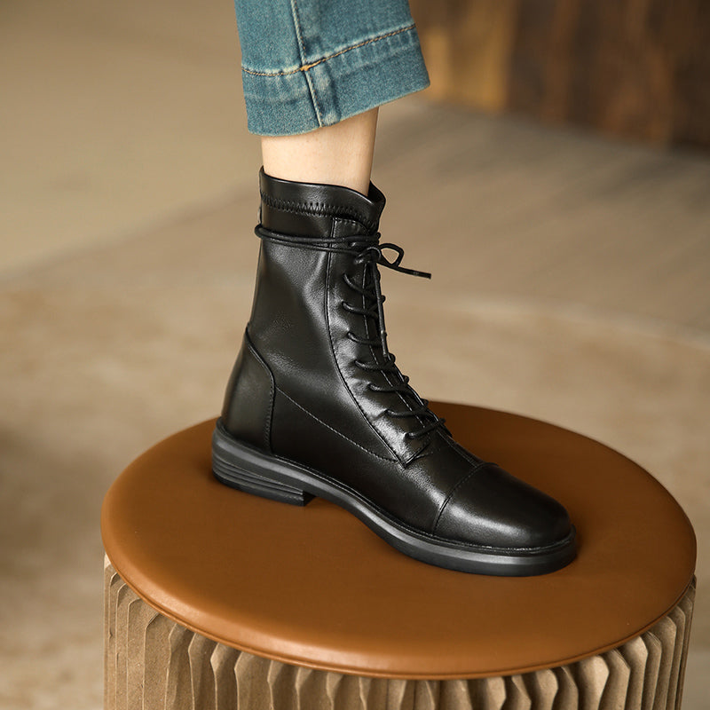 Women's Leather Ankle Boots Round Toe Lace-up Zipper Stretch Combat Flat Booties