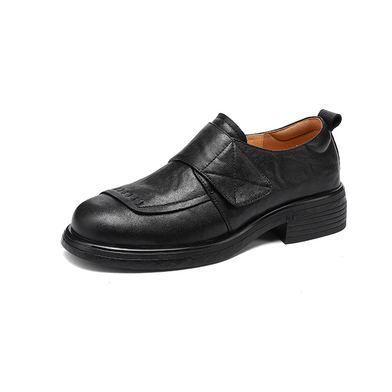 Women's Retro Leather Loafers Vintage Round Toe Velcro Platform Flats