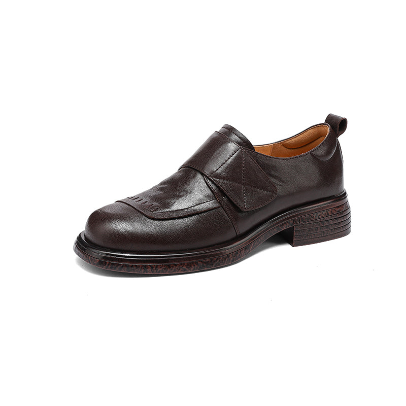Women's Retro Leather Loafers Vintage Round Toe Velcro Platform Flats