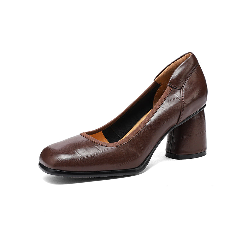 Women's Retro Croc Embossed Leather Pumps Vintage Block High Heels