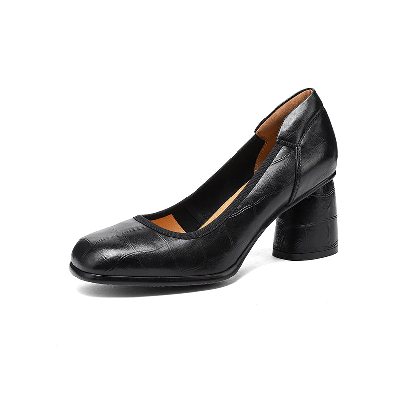 Women's Retro Croc Embossed Leather Pumps Vintage Block High Heels