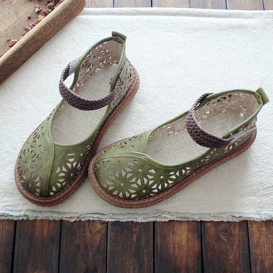 Women's Mori Style Flat Sandals – Openwork Pattern Single Strap with Ankle Velcro