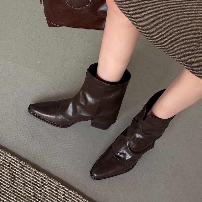 Women‘s Retro Cowhide Ankle Boots Vintage Square Toe Slouchy Slip-on Block High Heel Booties