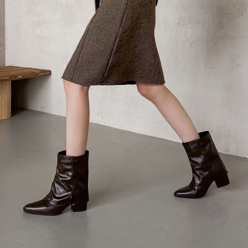 Women‘s Retro Cowhide Ankle Boots Vintage Square Toe Slouchy Slip-on Block High Heel Booties