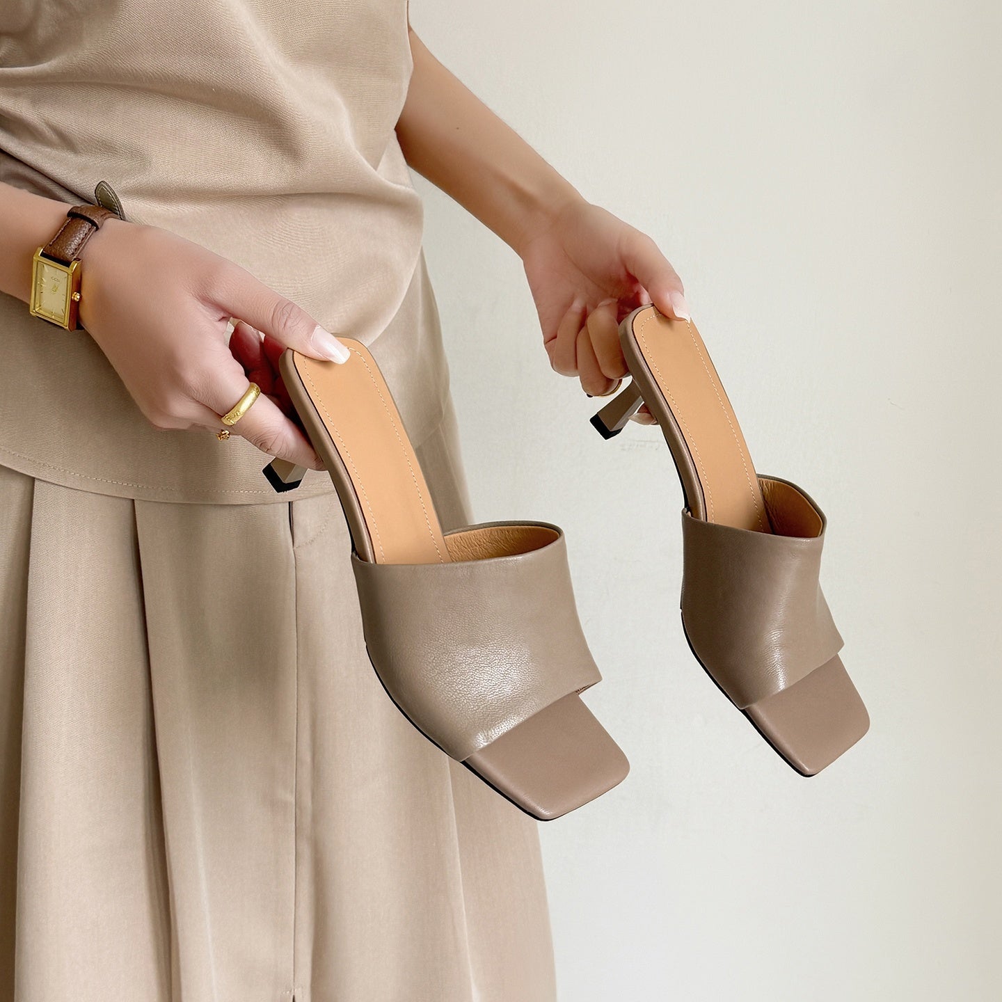 Women's Square Toe High Heel Mules Leather Open Toe Slide Sandals