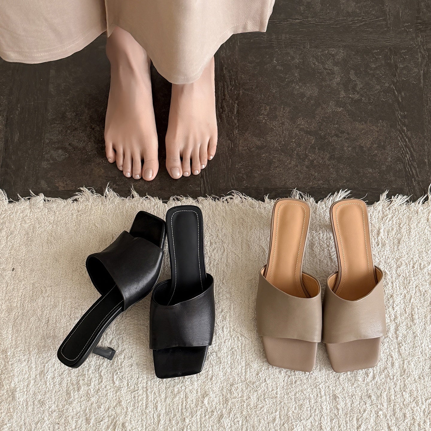 Women's Square Toe High Heel Mules Leather Open Toe Slide Sandals