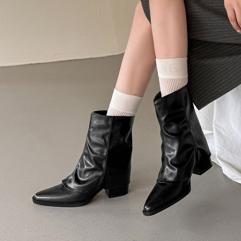 Women‘s Retro Cowhide Ankle Boots Vintage Square Toe Slouchy Slip-on Block High Heel Booties