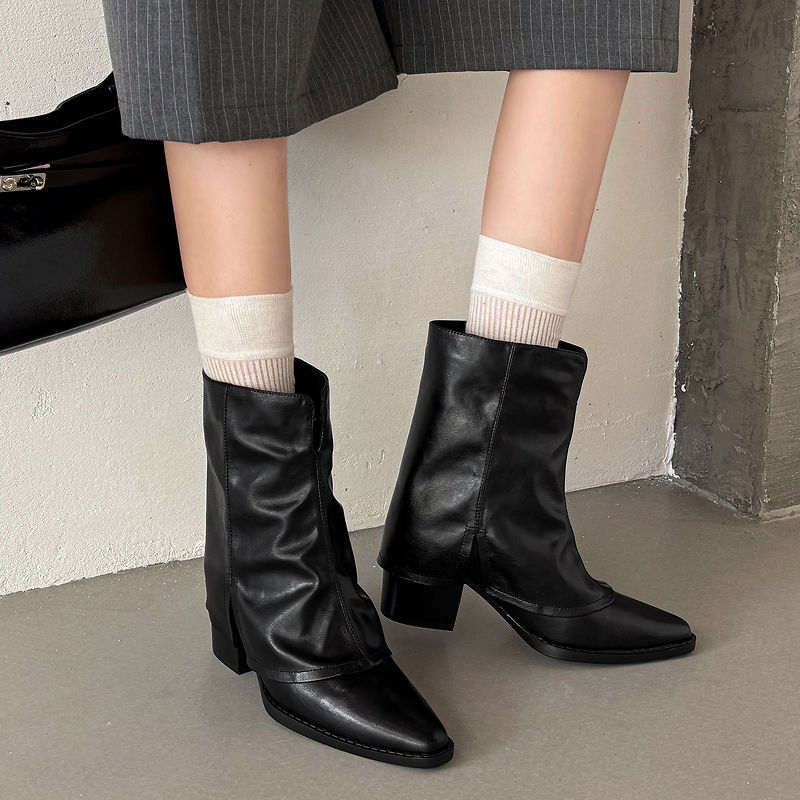 Women‘s Retro Cowhide Ankle Boots Vintage Square Toe Slouchy Slip-on Block High Heel Booties