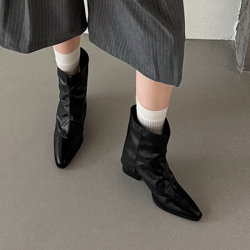 Women‘s Retro Cowhide Ankle Boots Vintage Square Toe Slouchy Slip-on Block High Heel Booties