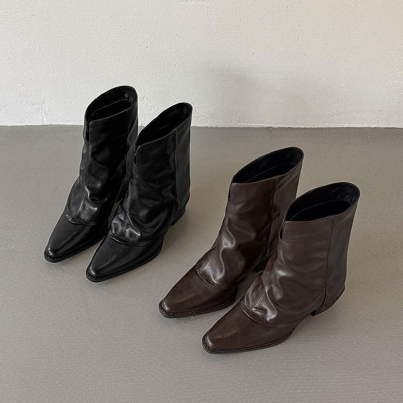 Women‘s Retro Cowhide Ankle Boots Vintage Square Toe Slouchy Slip-on Block High Heel Booties