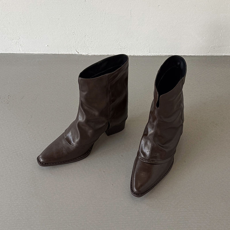 Women‘s Retro Cowhide Ankle Boots Vintage Square Toe Slouchy Slip-on Block High Heel Booties