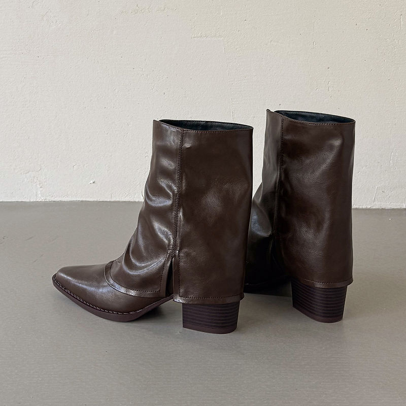 Women‘s Retro Cowhide Ankle Boots Vintage Square Toe Slouchy Slip-on Block High Heel Booties