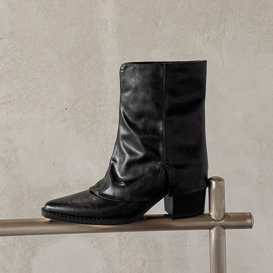 Women‘s Retro Cowhide Ankle Boots Vintage Square Toe Slouchy Slip-on Block High Heel Booties