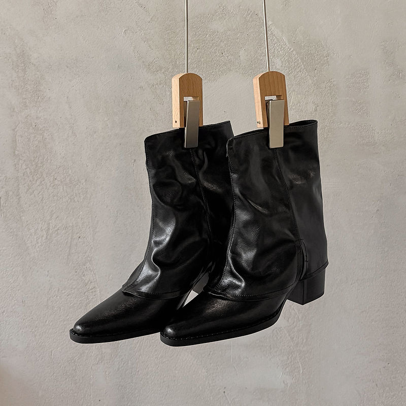 Women‘s Retro Cowhide Ankle Boots Vintage Square Toe Slouchy Slip-on Block High Heel Booties