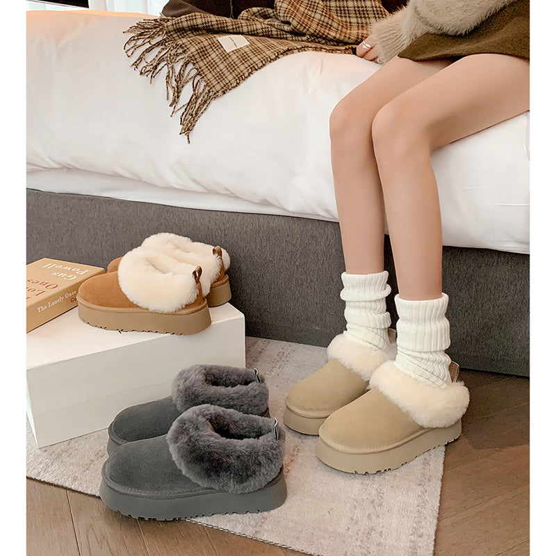 Women's Genuine Leather Platform Fleece-lined Winter Warm Snow Mules