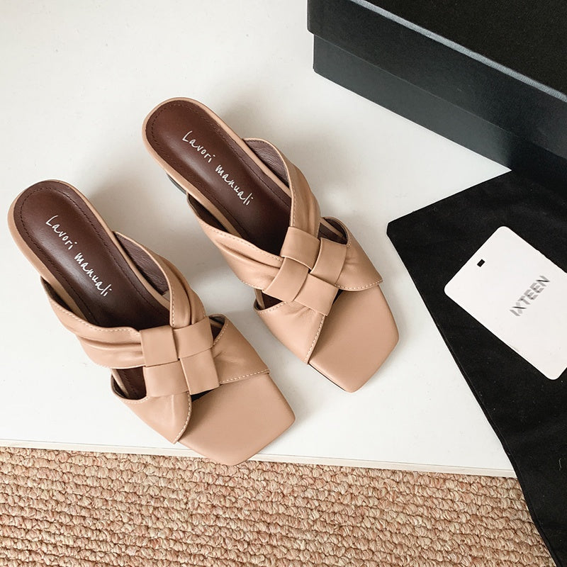 Women's Lambskin Woven Mules Handcrafted Summer Slip-Ons - Block Heel