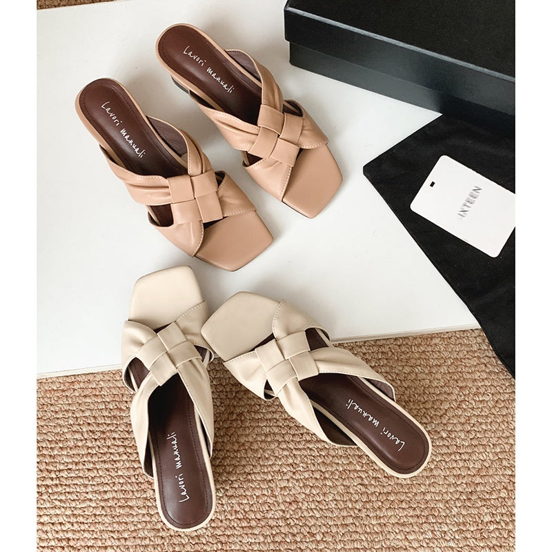 Women's Lambskin Woven Mules Handcrafted Summer Slip-Ons - Block Heel