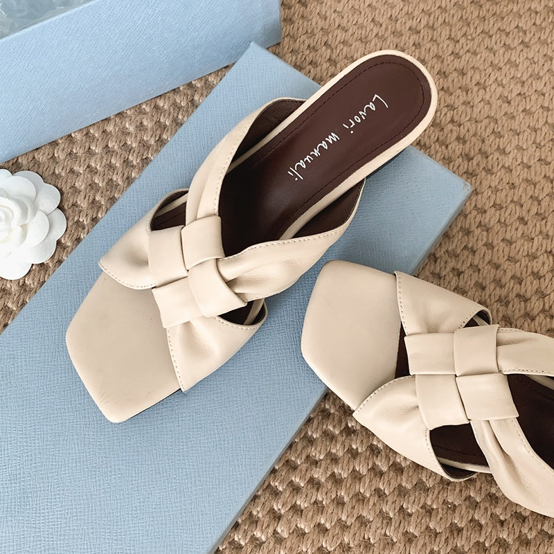 Women's Lambskin Woven Mules Handcrafted Summer Slip-Ons - Block Heel