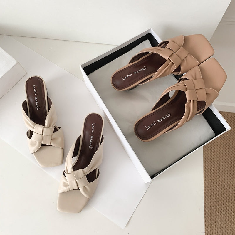 Women's Lambskin Woven Mules Handcrafted Summer Slip-Ons - Block Heel