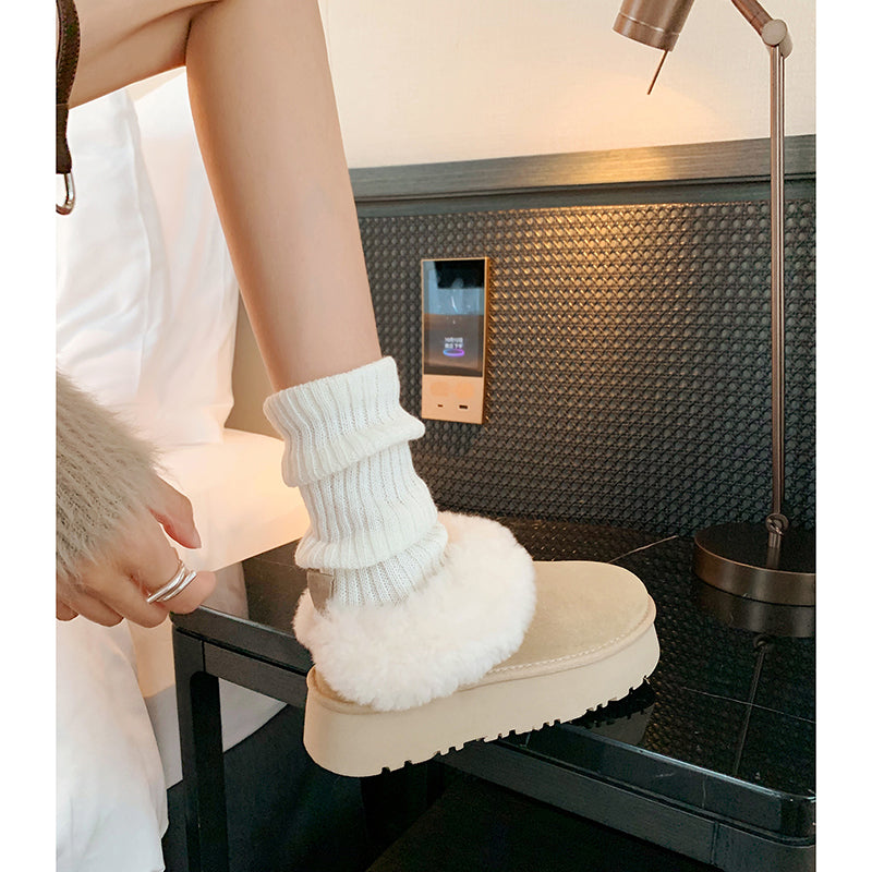 Women's Genuine Leather Platform Fleece-lined Winter Warm Snow Mules