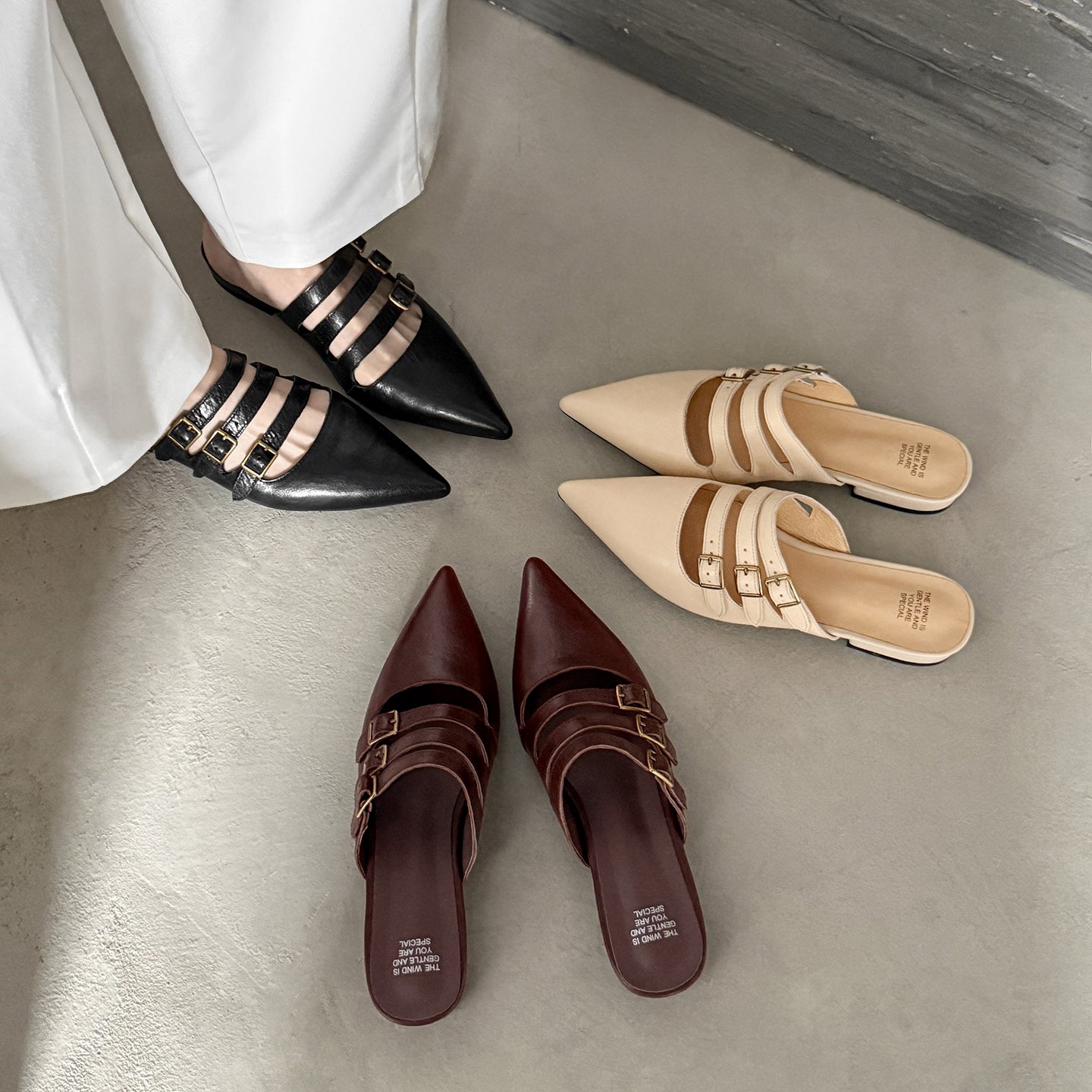 Women's Modern Leather Pointed-Toe Mules - Triple Buckle Straps - 2.5cm Low Heel