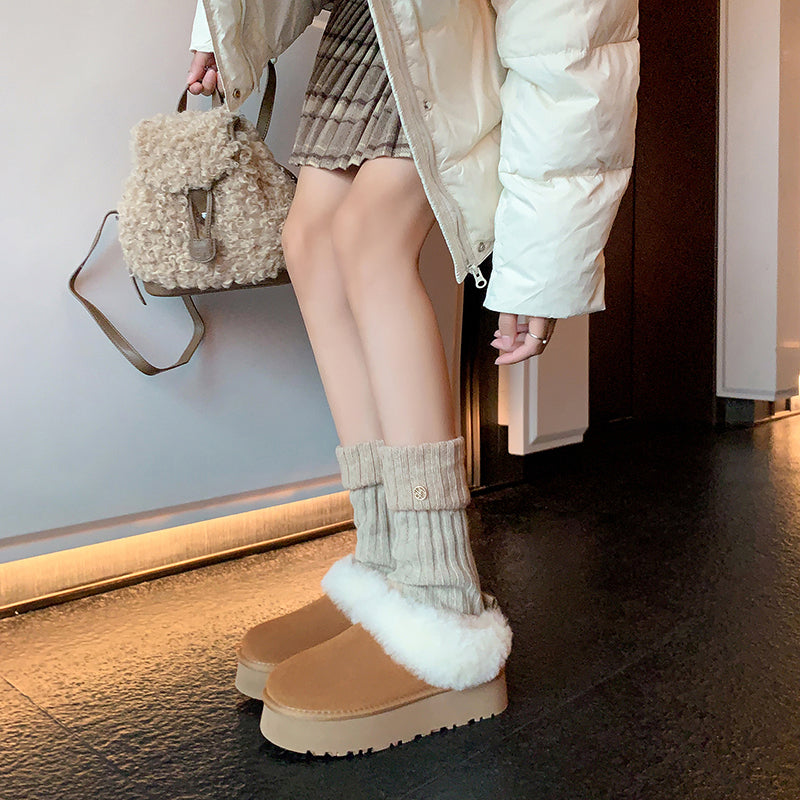 Women's Genuine Leather Platform Fleece-lined Winter Warm Snow Mules