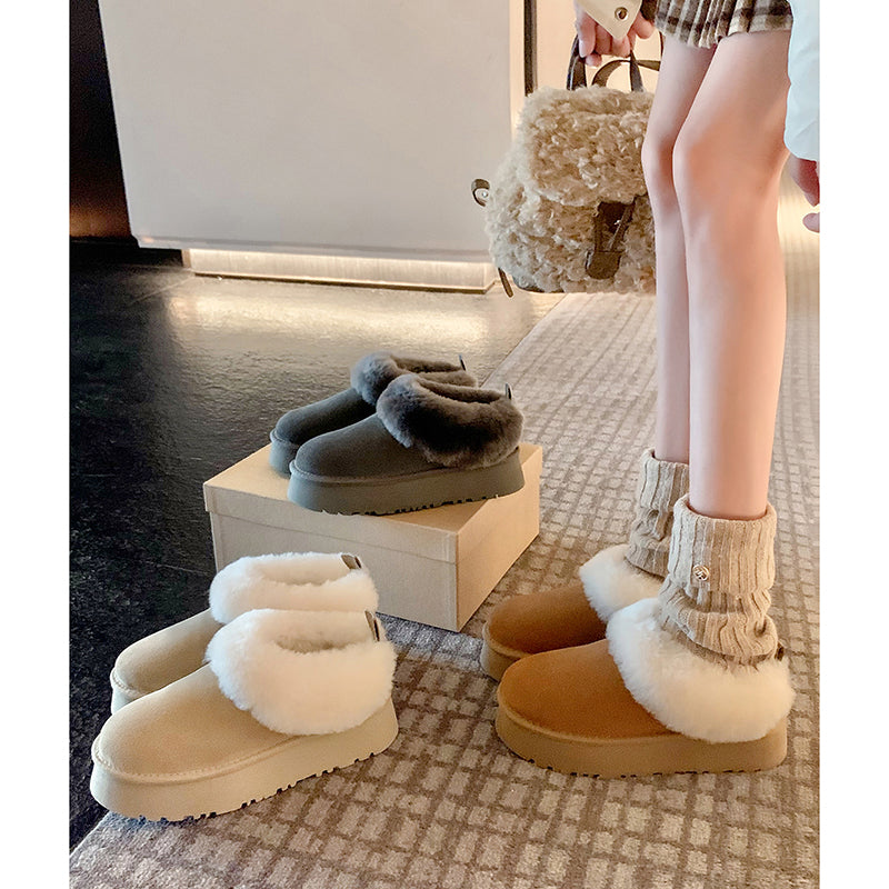 Women's Genuine Leather Platform Fleece-lined Winter Warm Snow Mules