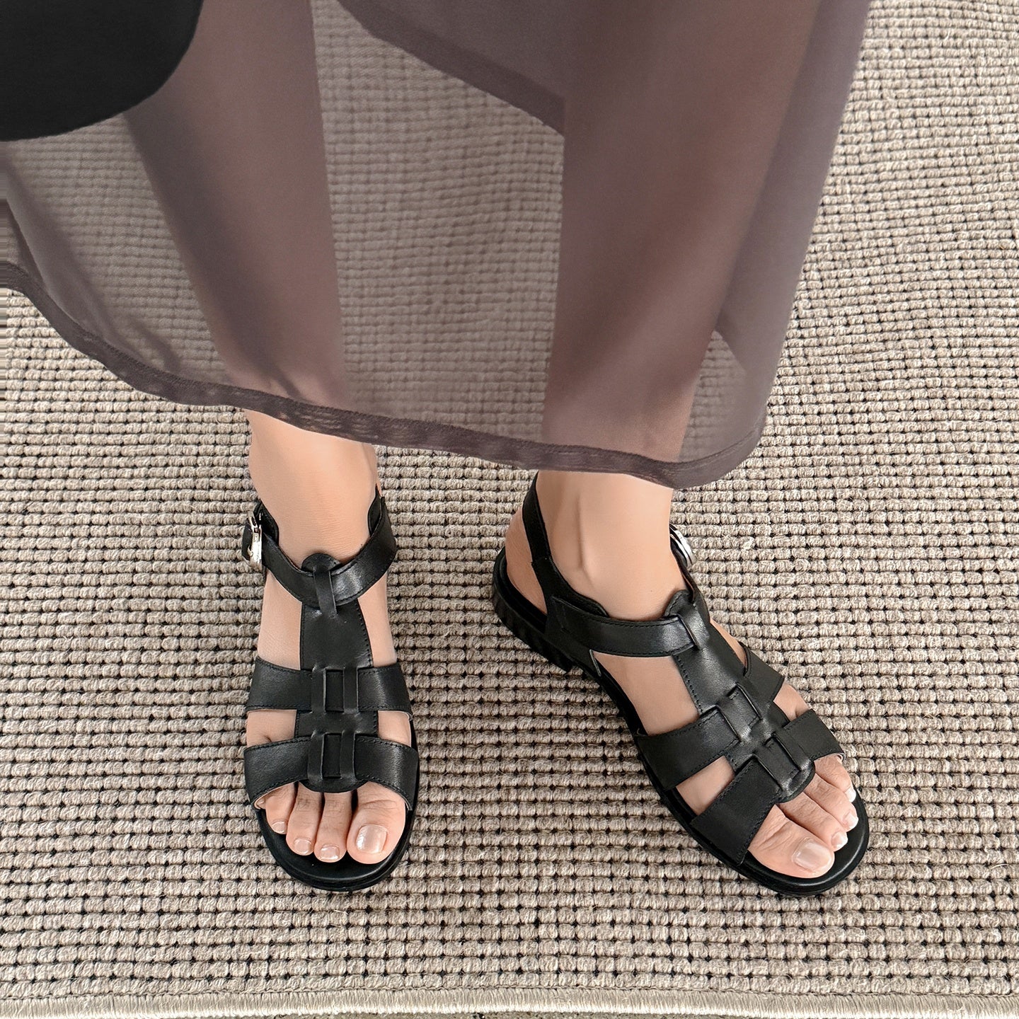 Womens Retro Woven Leather Fisherman Sandals Open Toe T-Strap Roman Summer Shoes