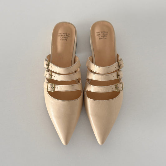 Women's Modern Leather Pointed-Toe Mules - Triple Buckle Straps - 2.5cm Low Heel
