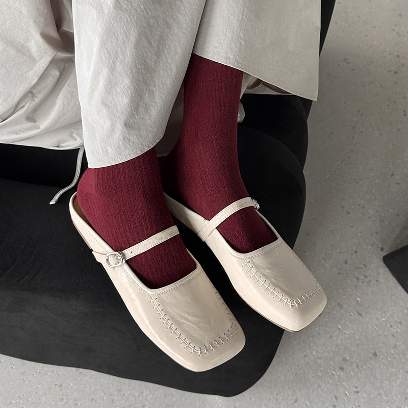 Women's Handmade Stylish Slip-on Square Toe Buckle Flat Mule Shoes