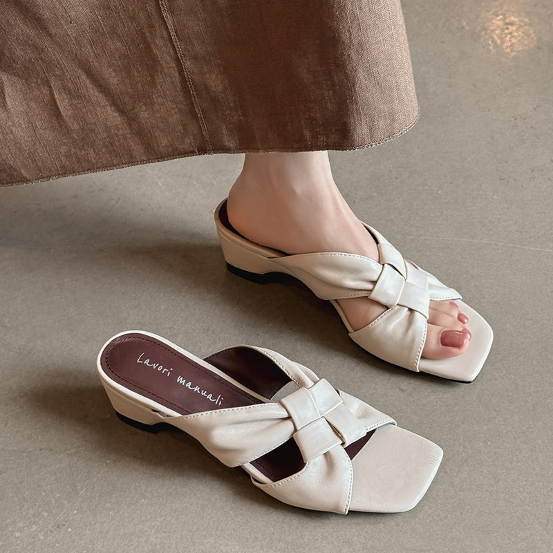 Women's Lambskin Woven Mules Handcrafted Summer Slip-Ons - Block Heel