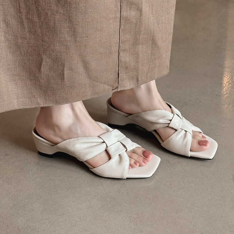 Women's Lambskin Woven Mules Handcrafted Summer Slip-Ons - Block Heel