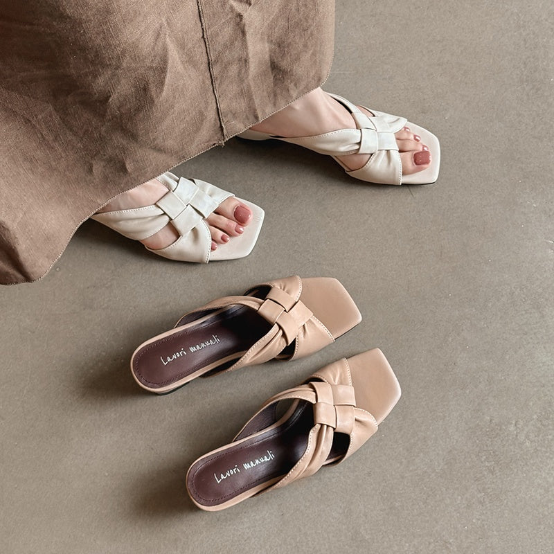 Women's Lambskin Woven Mules Handcrafted Summer Slip-Ons - Block Heel