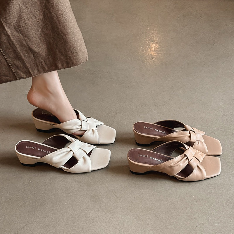 Women's Lambskin Woven Mules Handcrafted Summer Slip-Ons - Block Heel