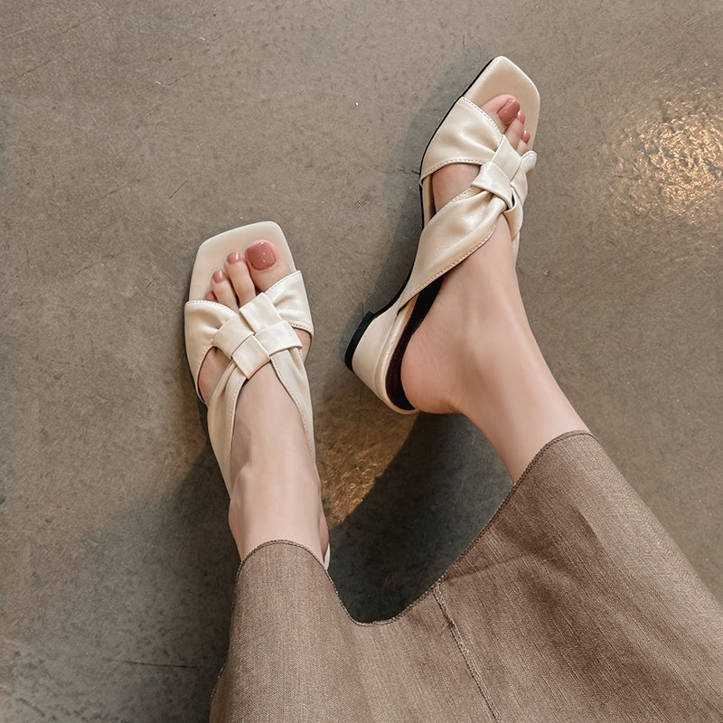 Women's Lambskin Woven Mules Handcrafted Summer Slip-Ons - Block Heel