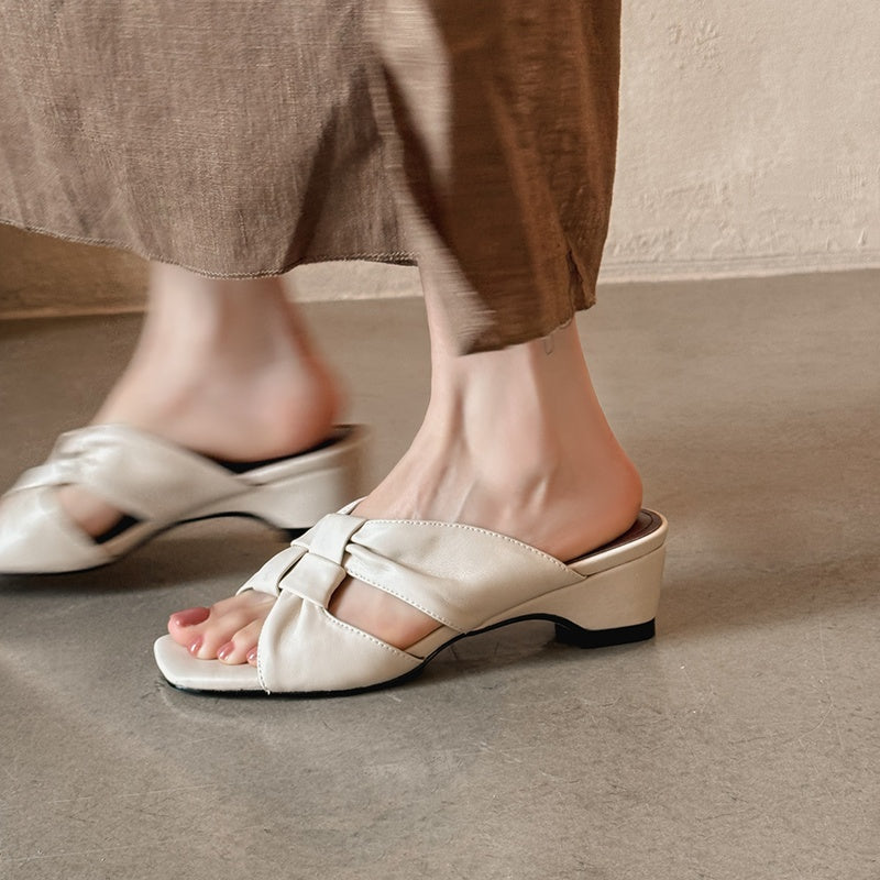 Women's Lambskin Woven Mules Handcrafted Summer Slip-Ons - Block Heel