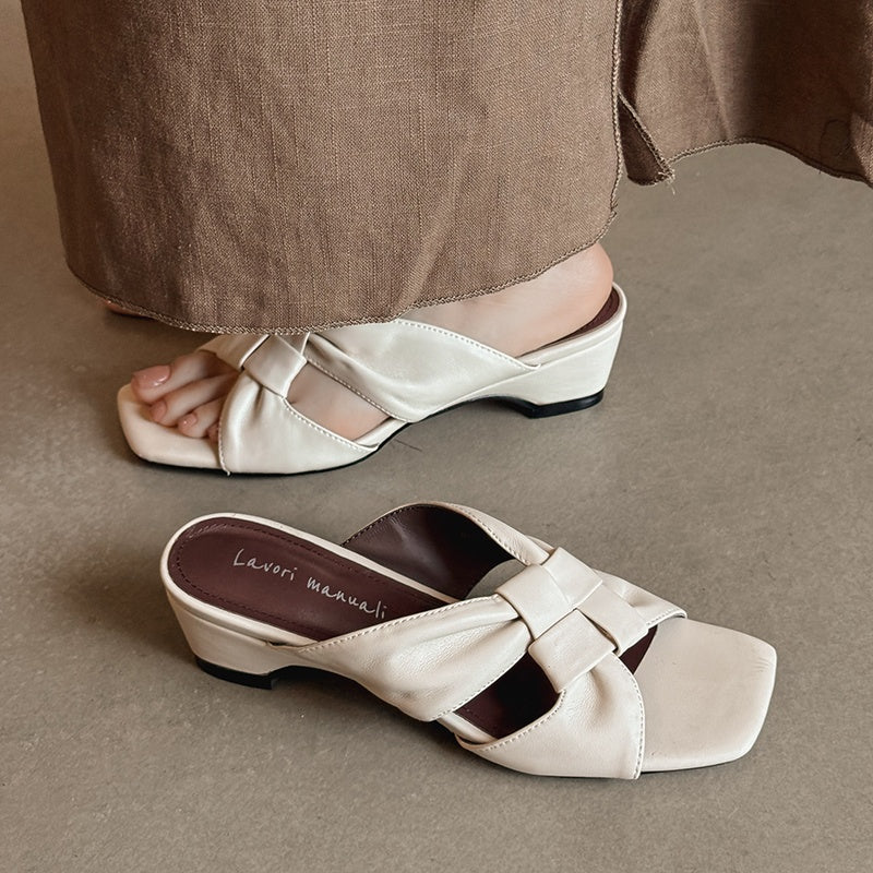 Women's Lambskin Woven Mules Handcrafted Summer Slip-Ons - Block Heel