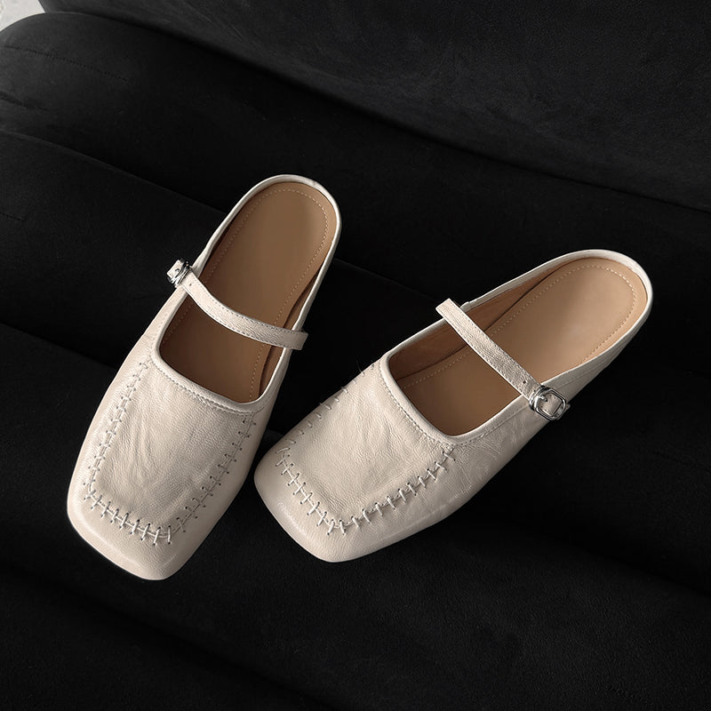 Women's Handmade Stylish Slip-on Square Toe Buckle Flat Mule Shoes