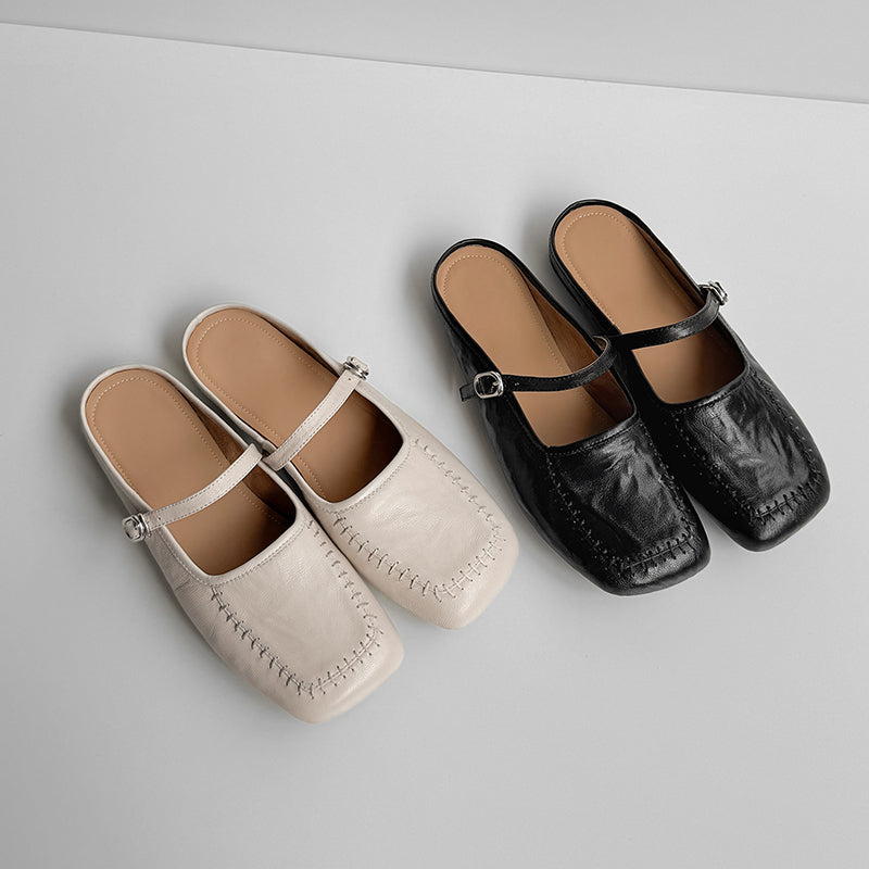 Women's Handmade Stylish Slip-on Square Toe Buckle Flat Mule Shoes