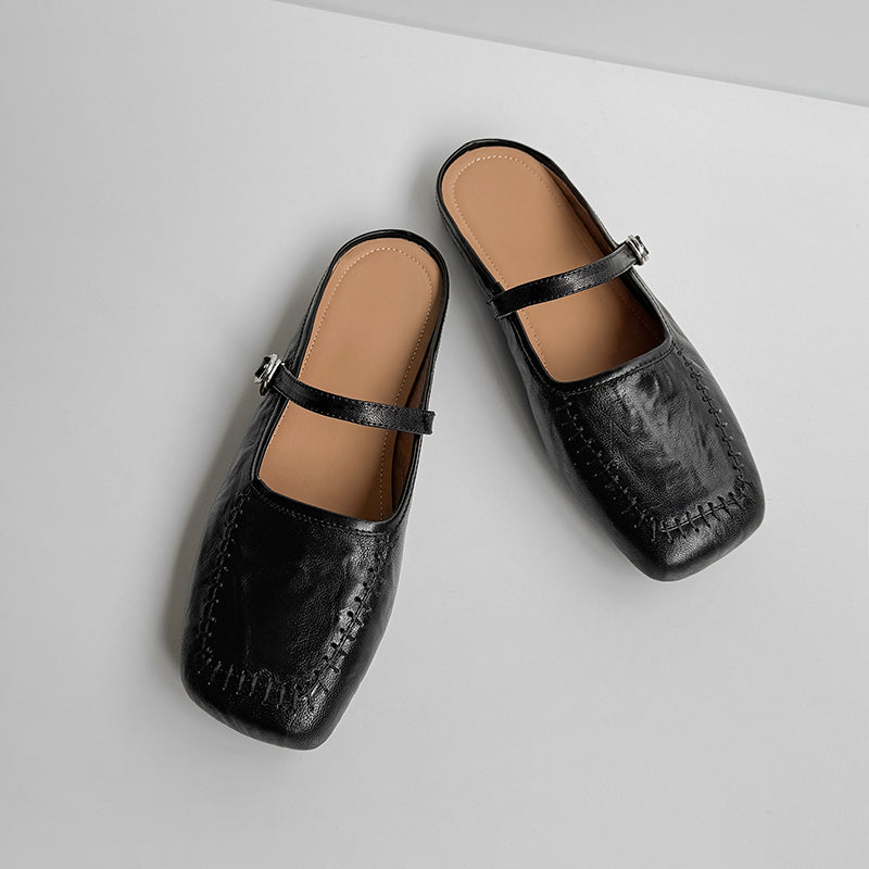Women's Handmade Stylish Slip-on Square Toe Buckle Flat Mule Shoes