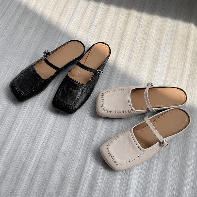 Women's Handmade Stylish Slip-on Square Toe Buckle Flat Mule Shoes