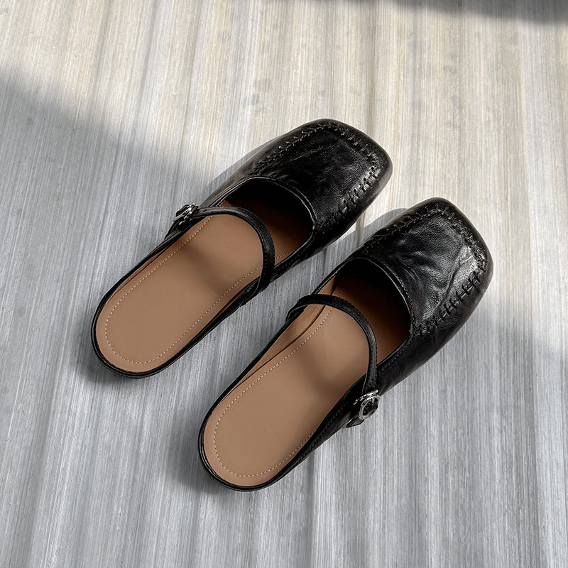 Women's Handmade Stylish Slip-on Square Toe Buckle Flat Mule Shoes