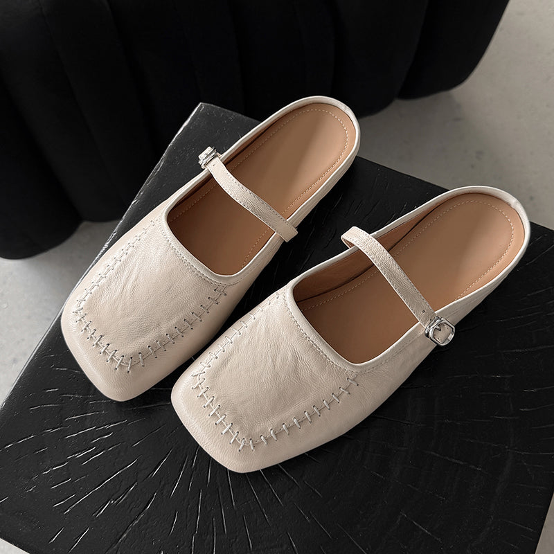 Women's Handmade Stylish Slip-on Square Toe Buckle Flat Mule Shoes