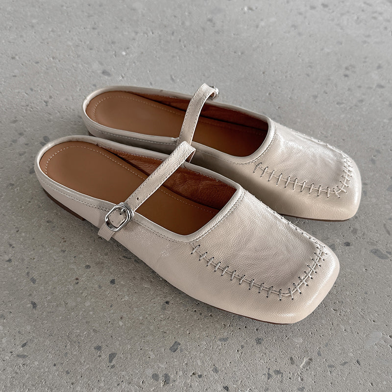 Women's Handmade Stylish Slip-on Square Toe Buckle Flat Mule Shoes