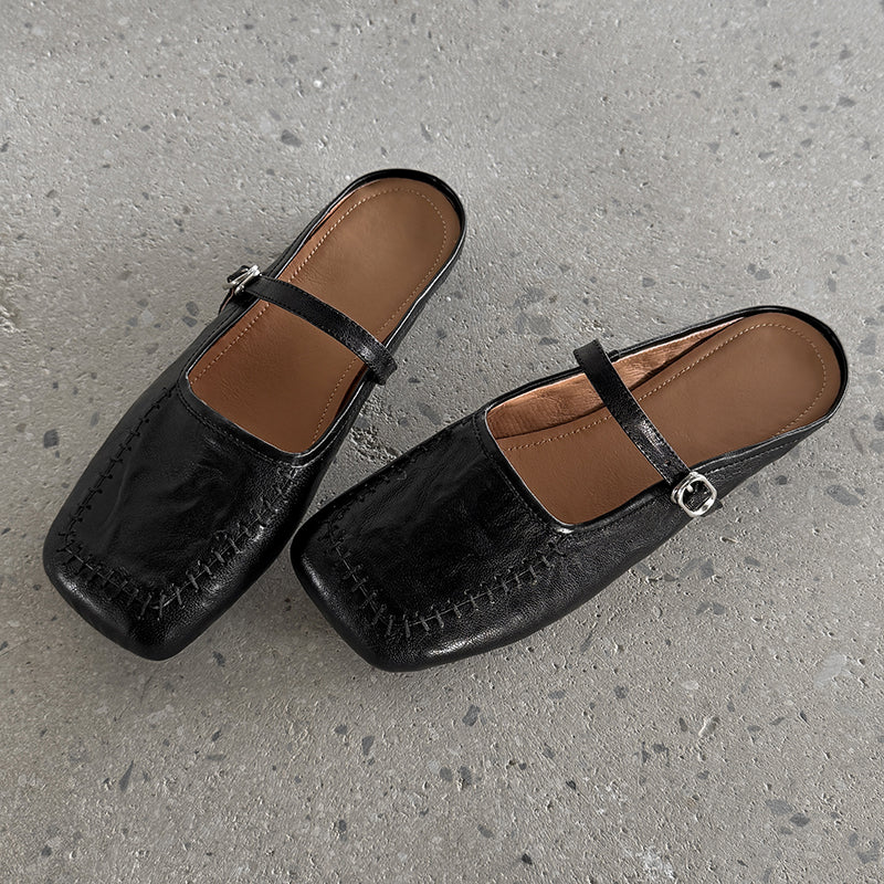 Women's Handmade Stylish Slip-on Square Toe Buckle Flat Mule Shoes