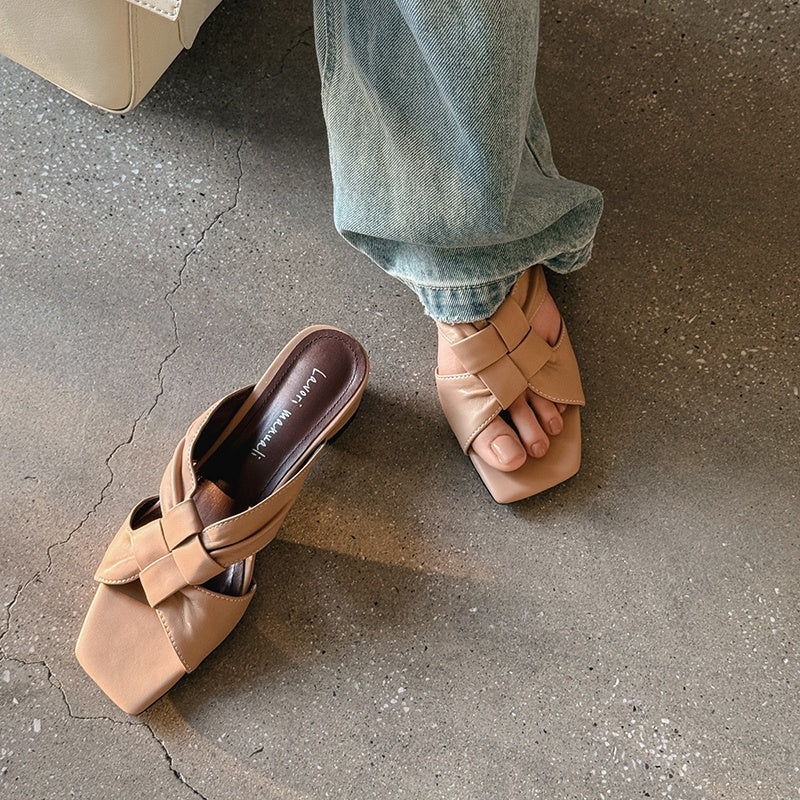 Women's Lambskin Woven Mules Handcrafted Summer Slip-Ons - Block Heel