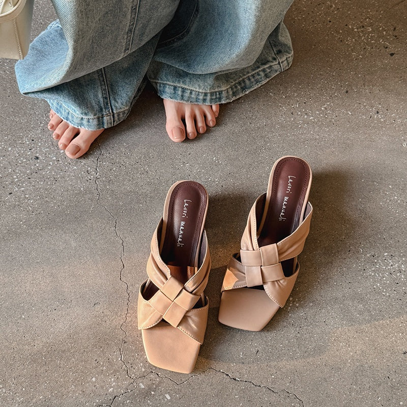 Women's Lambskin Woven Mules Handcrafted Summer Slip-Ons - Block Heel